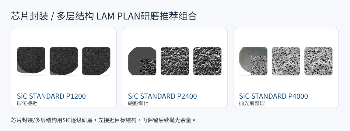 芯片封装 / 多层结构 LAM PLAN研磨推荐组合,SiC STANDARD P1200、P2400、P4000砂纸颗粒图