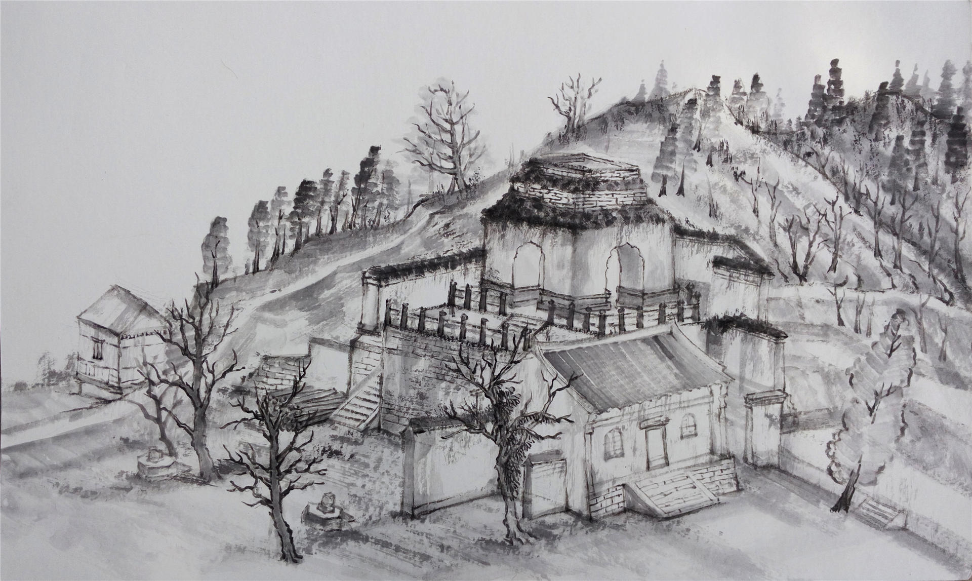 周坚洪《武当山五龙宫写生》尺寸：65cm×39cm中国画