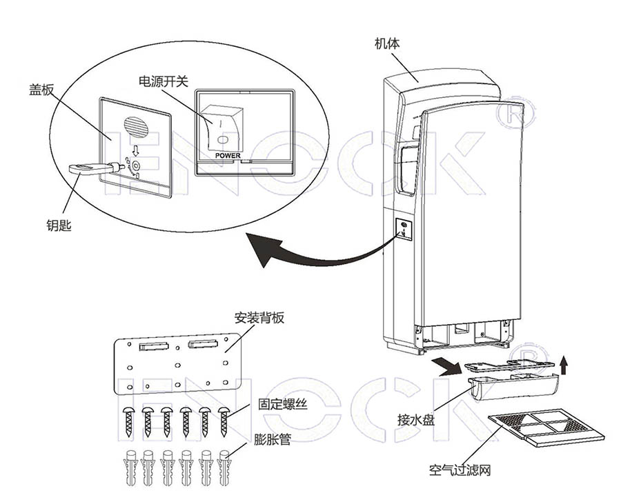 不锈钢喷气式双面烘手器各部件名称