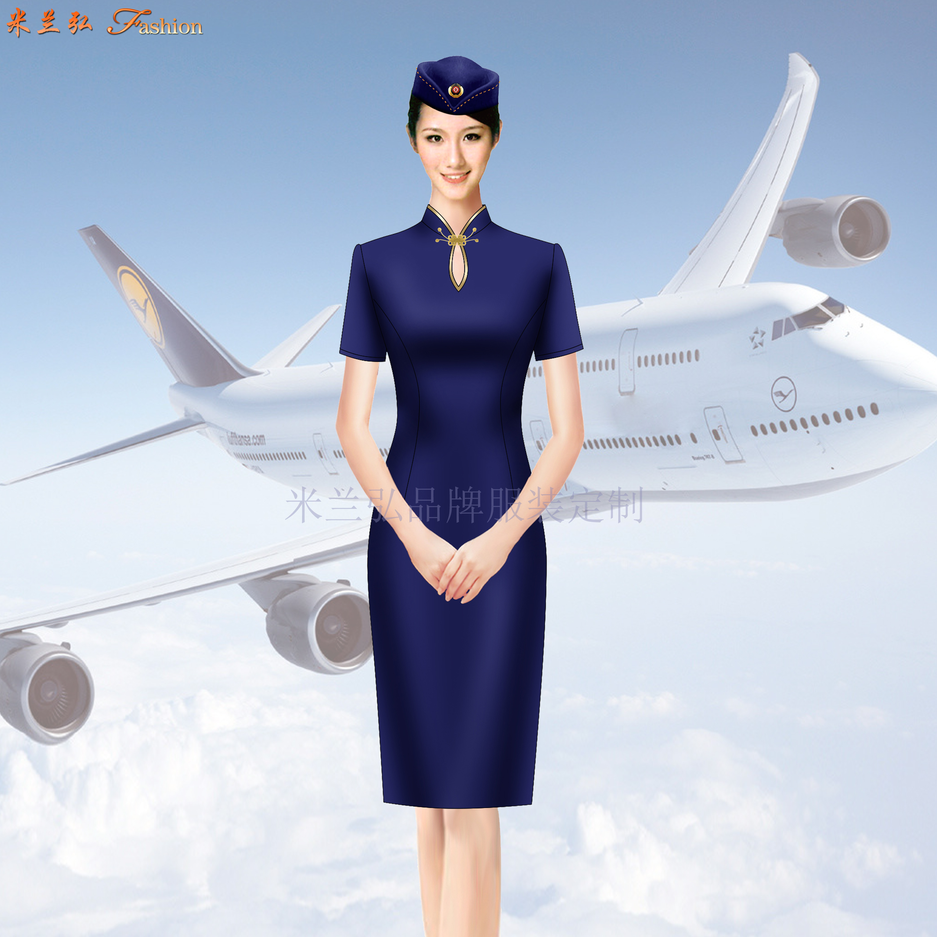 空姐连衣裙制服图片｜高铁乘务员中式立领连衣裙定做-米兰弘服装-4
