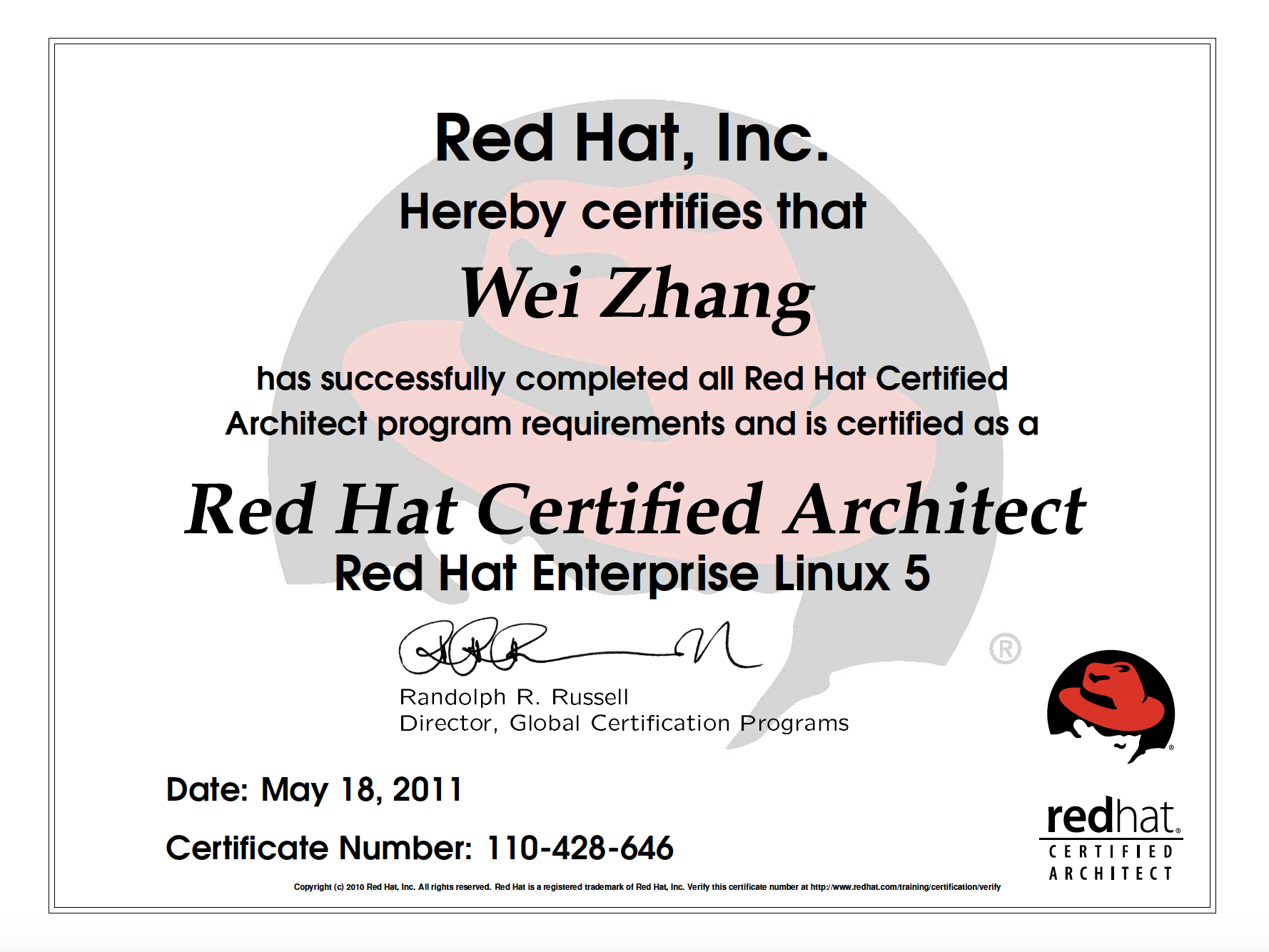 zhangweiRHCA证书
