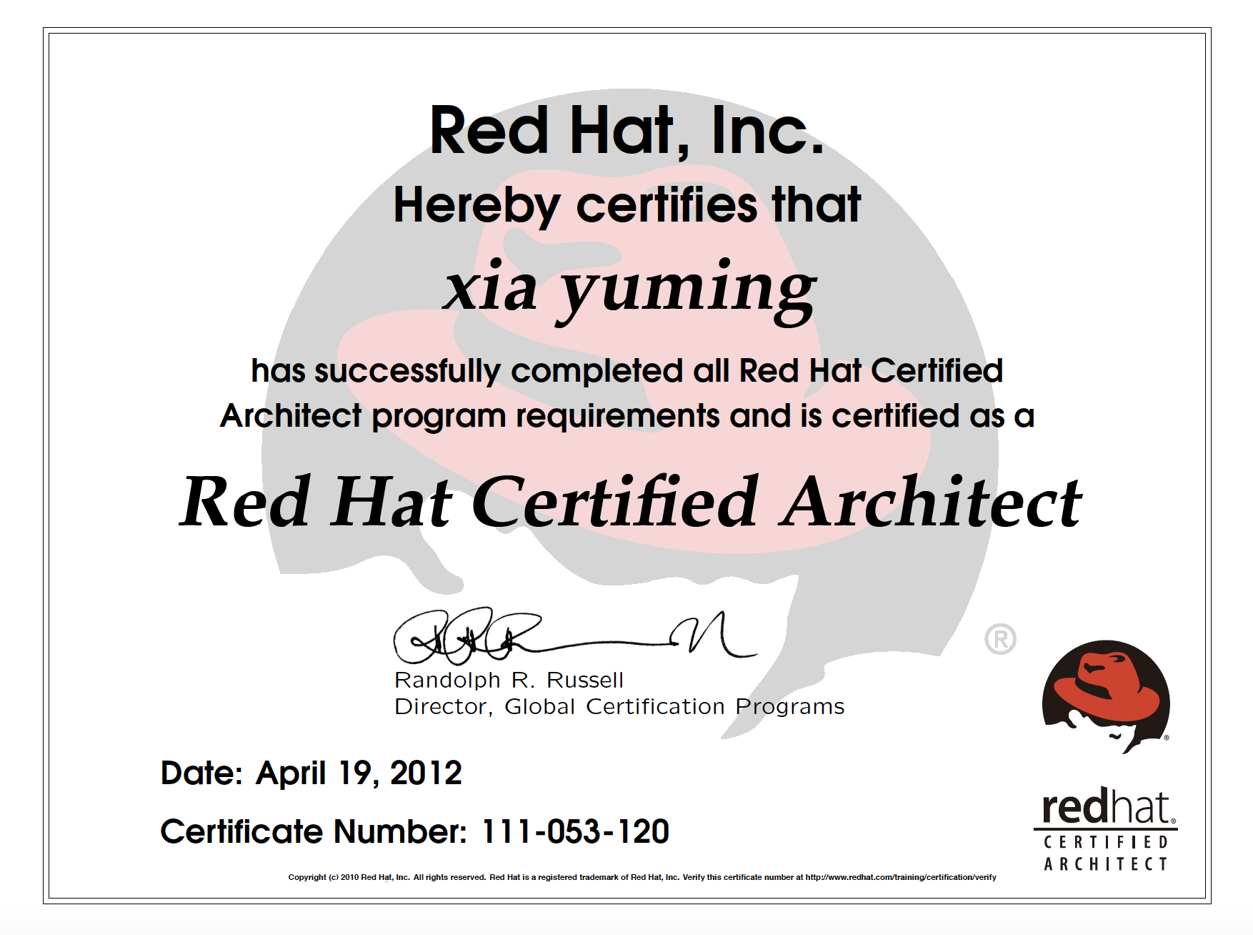 xiayumingRHCA证书
