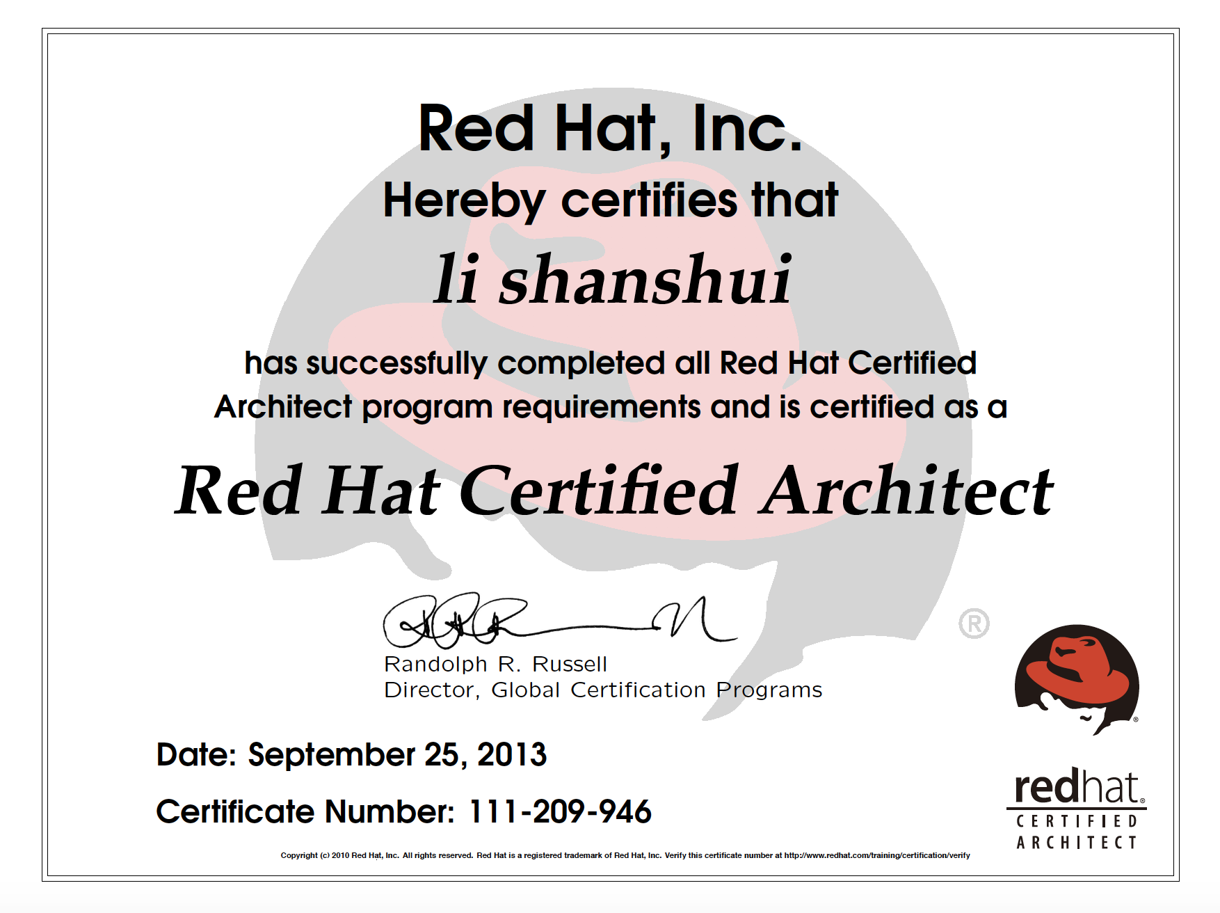 lishanshuiRHCA证书