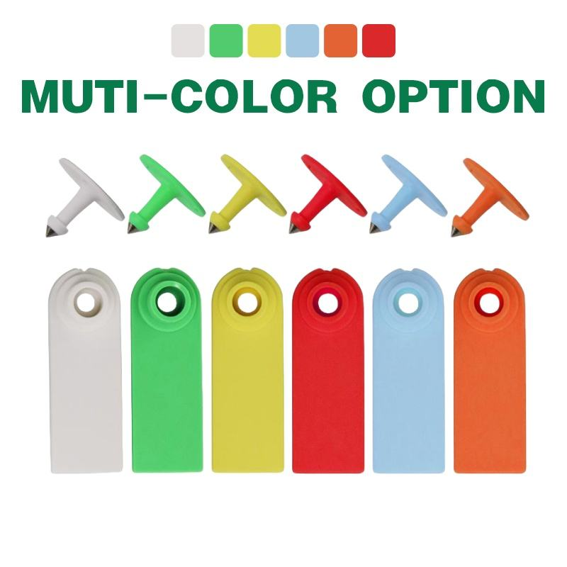 SixcoloroptionslongstripTPUlivestockeartagswithmetalpinstuds,tagbodiesandpins
