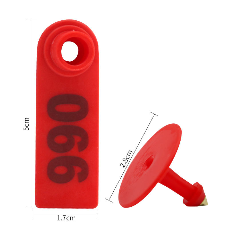 DimensiondrawingofrednumberedTPUsheepeartag,50mm×17mmwithcopperpin