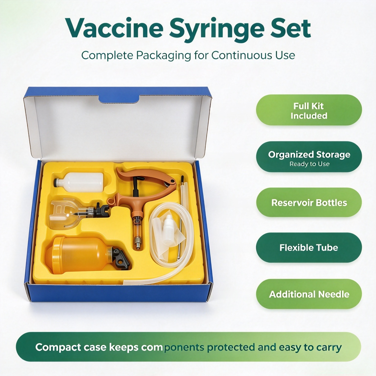 Completevaccinesyringesetwithstoragebox,reservoirbottles,tubeandextraneedlesforfarmuse