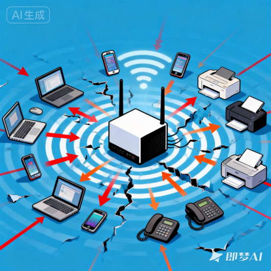 jimeng-2026-01-06-6993-现代科技插画风格，俯视角度拍摄。画面中央是一台家用无线路由器，呈黑色或白色的立方...