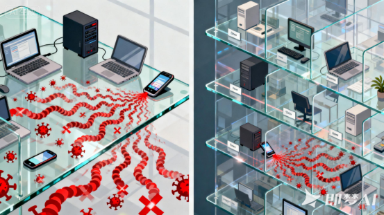 jimeng-2026-01-06-9644-现代科技插画风格，画面分为左右两个对比场景。左侧：单层透明玻璃板设计，所有办公设...