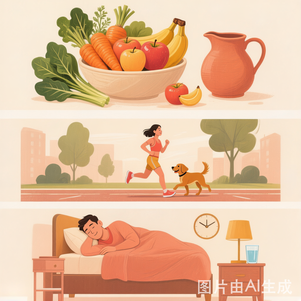 健康生活方式：合理饮食、规律运动、戒烟限酒、不熬夜
