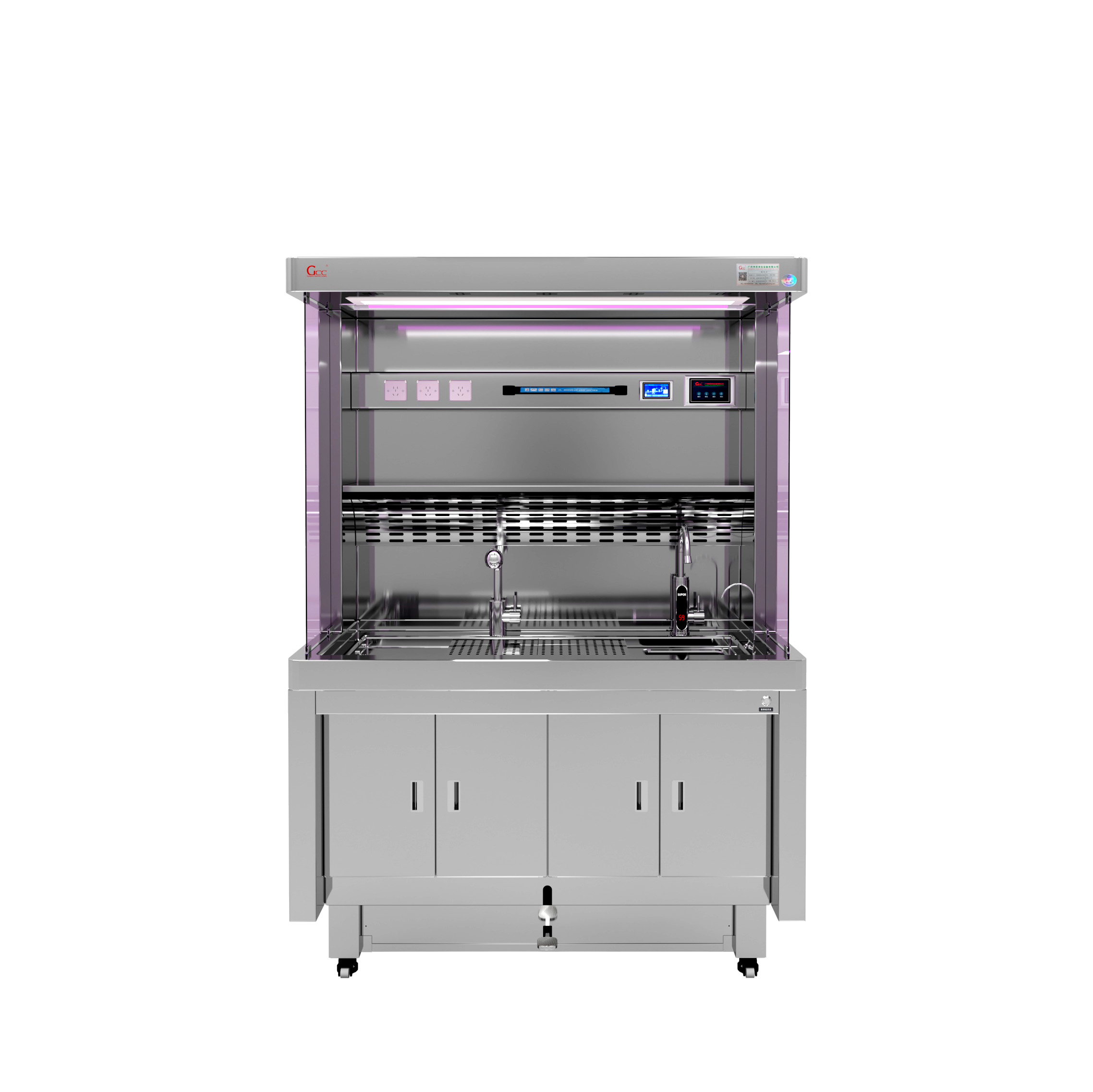 取材台升降款-双屏幕、带甲醛水龙头、脚踏测喷淋-渲染图