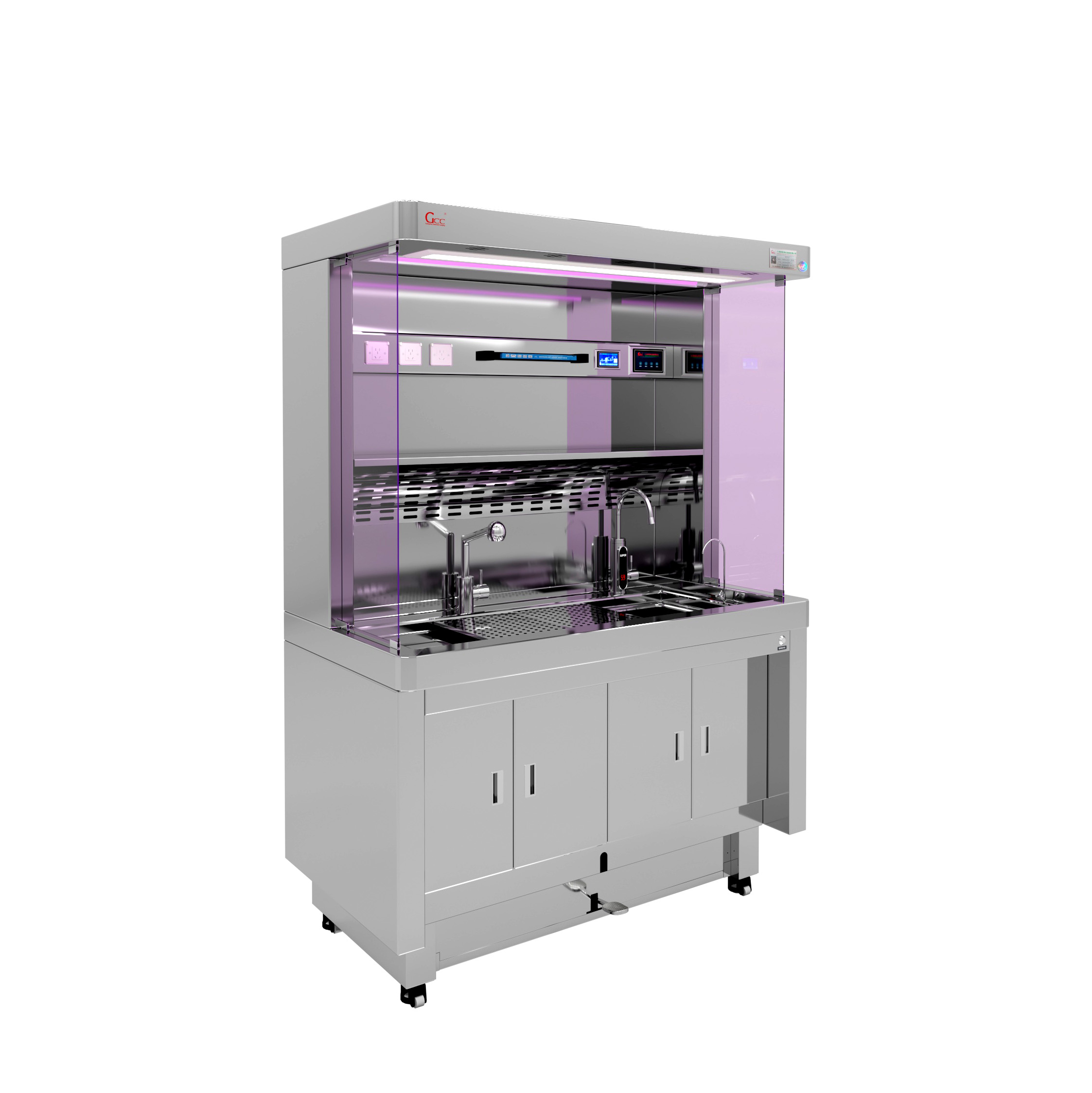 取材台升降款-双屏幕、带甲醛水龙头、脚踏测喷淋-渲染图3