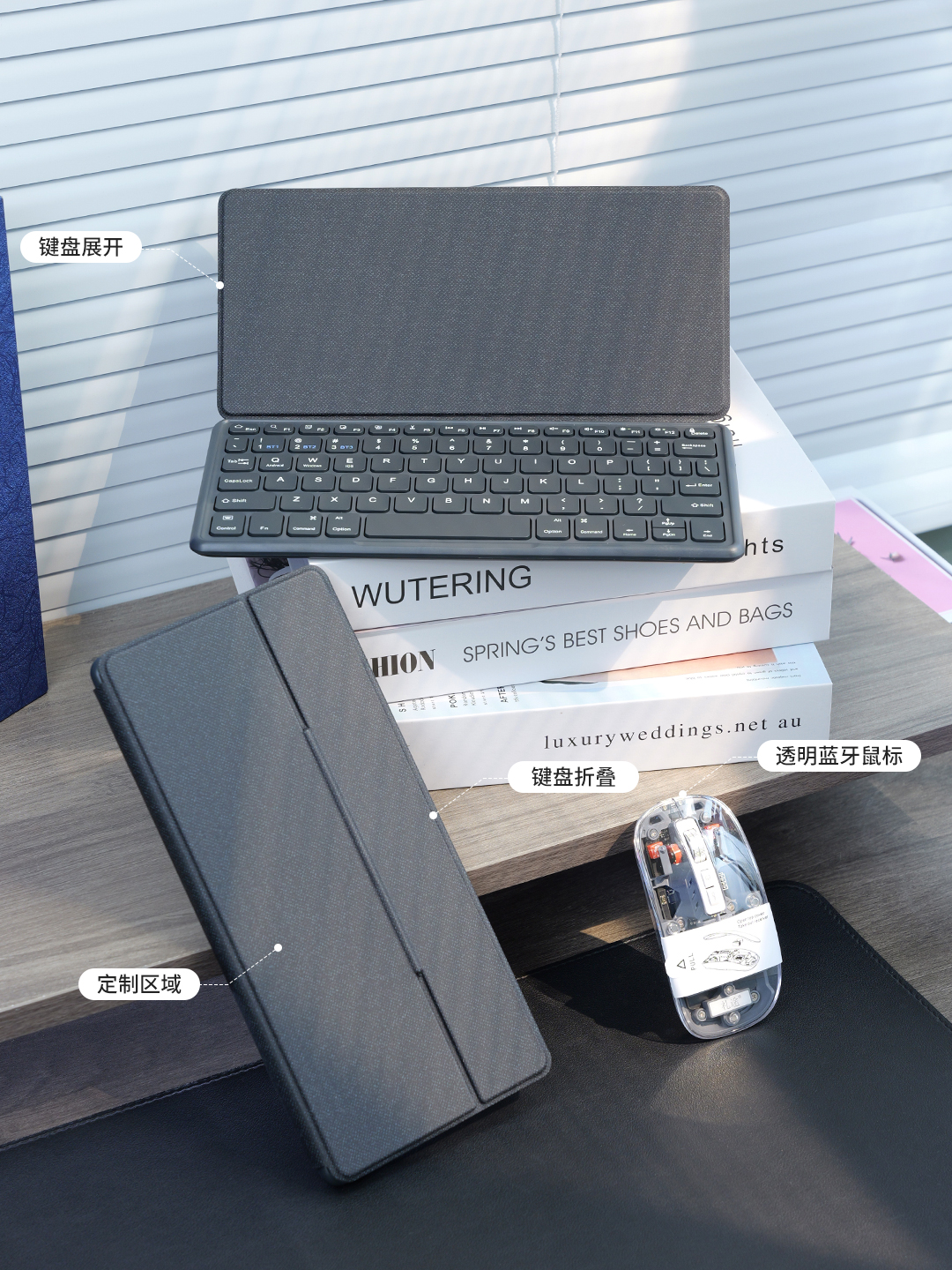 K002折叠皮套键盘+M133透明鼠标套装礼盒产品图 5