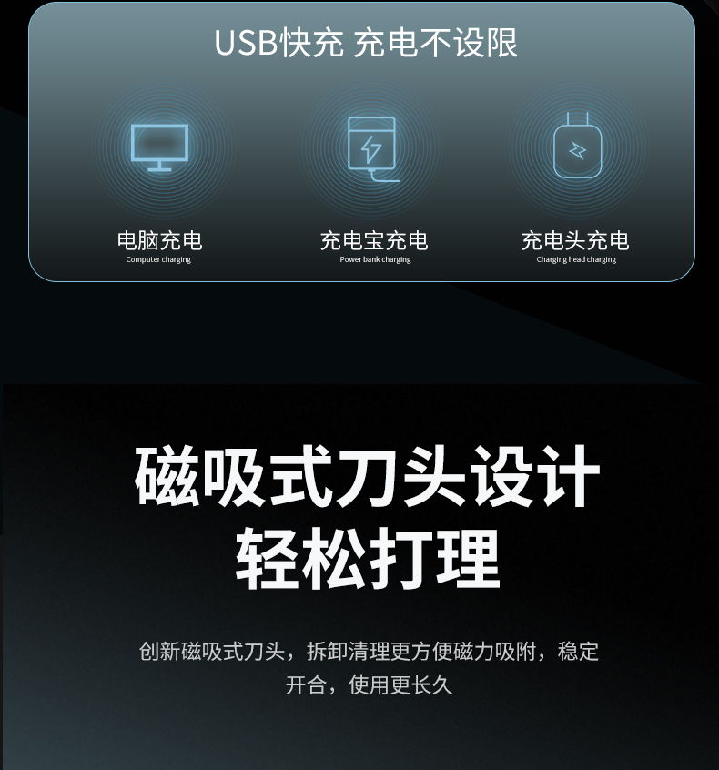 拜尔 BC9 拜尔 BC9 三合一便携电动剃须刀｜360°浮动三刀头·鼻毛修剪·鬓角修剪·IPX7防水 产品功能与规格详情图 10