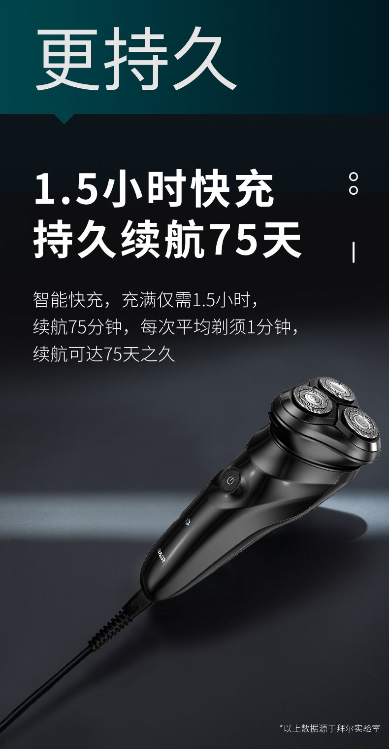 拜尔 BC2 拜尔 BC2 便携电动剃须刀｜360°浮动三刀头·双环弧面刀网·IPX7全身水洗·75天续航 产品功能与规格详情图 08