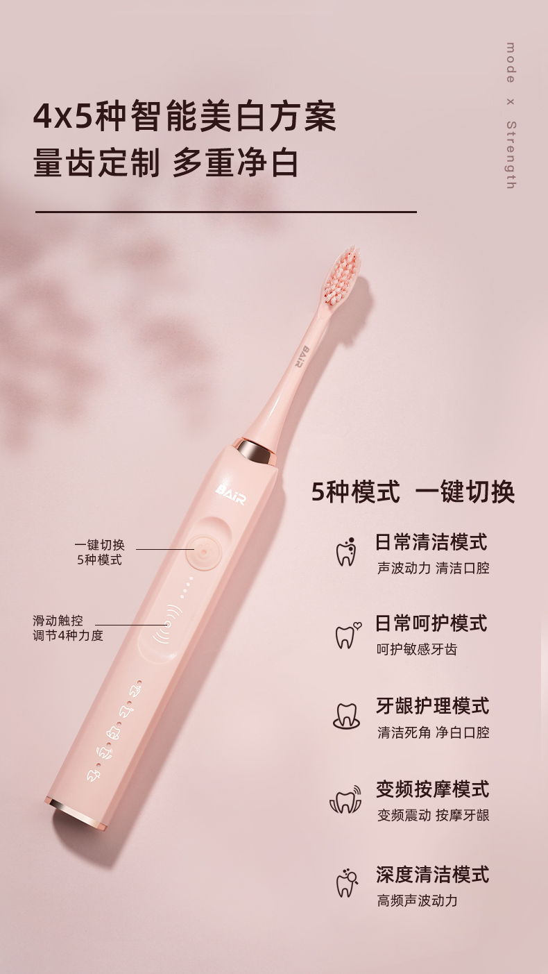 拜尔 X1s+Plus 拜尔 X1s+Plus 智能声波电动牙刷｜20种清洁组合·4档力度·档位记忆·IPX8防水 产品功能与规格详情图 04