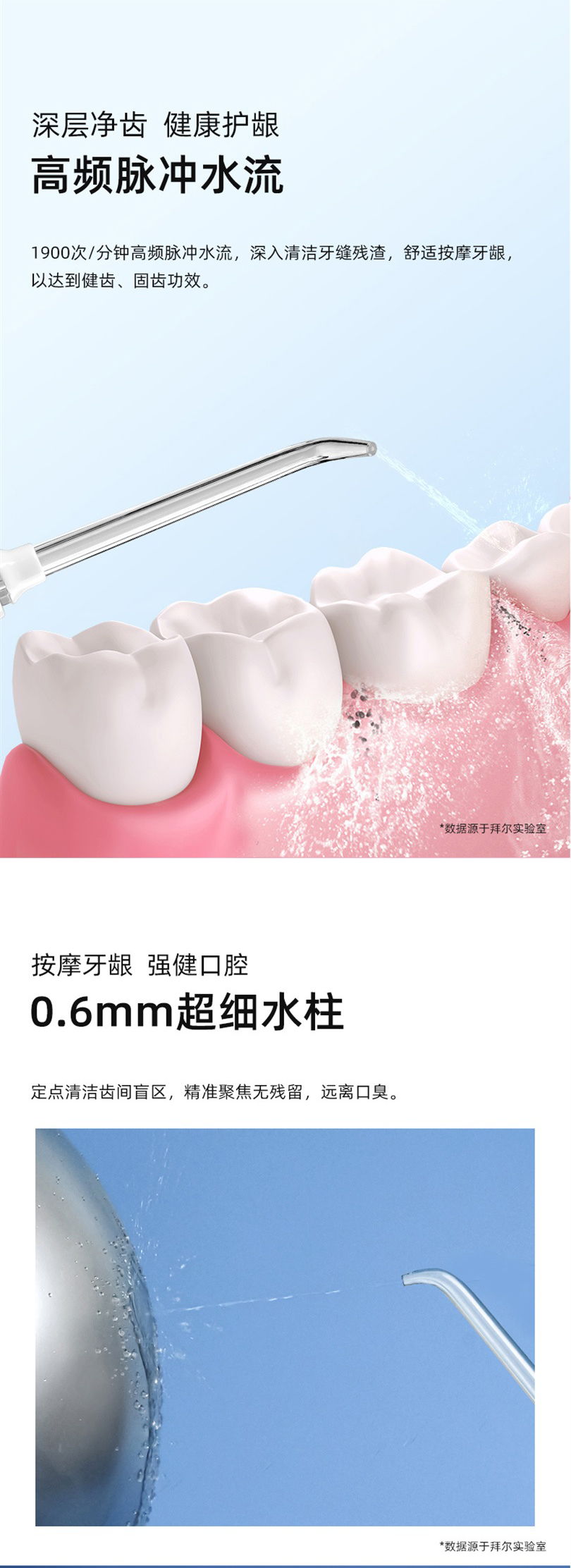 拜尔 H6 拜尔 H6 家用台式冲牙器｜600ml大水箱·10档无级调压·1900次高频脉冲·IPX7防水 产品功能与规格详情图 05