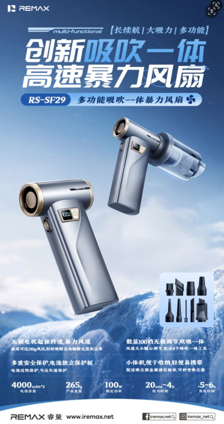 REMAX睿量 RS-SF29 REMAX睿量 RS-SF29 多功能吸吹一体高速风扇｜100W无刷电机·8000mAh·100档调速·吸吹两用 产品功能与规格详情图 01