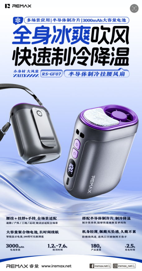 REMAX睿量 RS-GF07 REMAX睿量 RS-GF07 半导体制冷挂腰风扇｜挂腰挂脖两用·冷敷降温·3000mAh·Type-C快充 产品功能与规格详情图 01