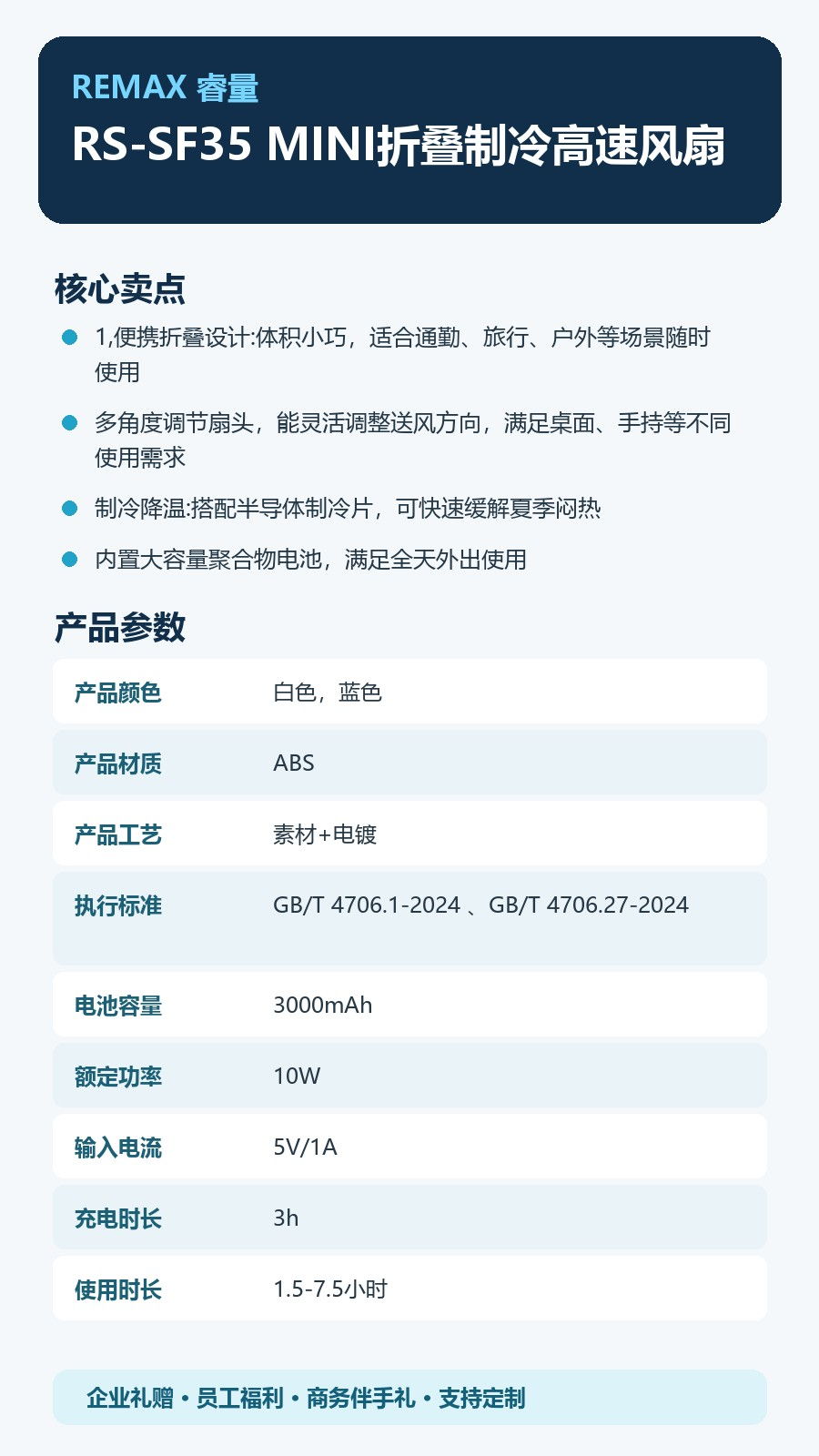 REMAX睿量 RS-SF35 REMAX睿量 RS-SF35 MINI折叠制冷高速风扇|半导体制冷·多角度折叠·3000mAh·涡轮增压 产品功能与规格详情图 02
