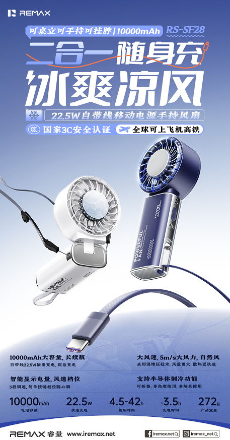 REMAX睿量 RS-SF28 REMAX睿量 RS-SF28 自带线移动电源手持风扇｜10000mAh·22.5W应急充电·半导体制冷·折叠多用 产品功能与规格详情图 01