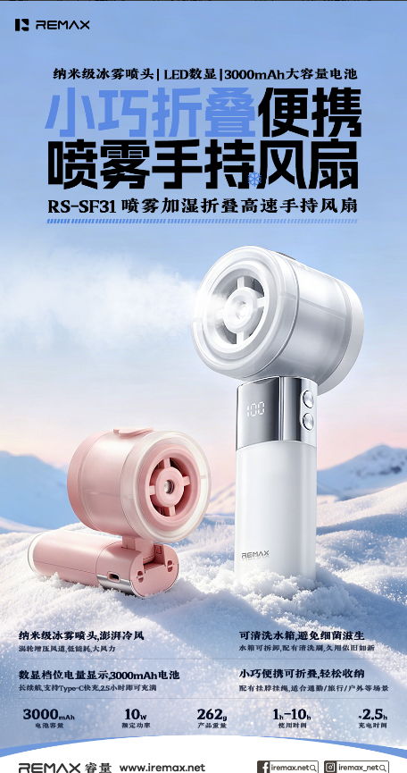 REMAX睿量 RS-SF31 REMAX睿量 RS-SF31 喷雾加湿折叠高速风扇｜纳米冰雾·可清洗水箱·3000mAh·手持挂脖桌面多用 产品功能与规格详情图 01