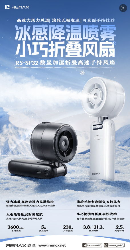 REMAX睿量 RS-SF32 REMAX睿量 RS-SF32 数显喷雾折叠高速风扇｜强力冰雾·滚轮无级调速·3600mAh·长续航 产品功能与规格详情图 01