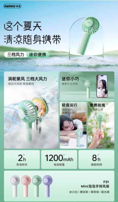 REMAX睿量 F31 REMAX睿量 F31 Mini泡泡手持风扇｜三档风力·1200mAh·约8小时续航·四色可选 产品功能与规格详情图 01