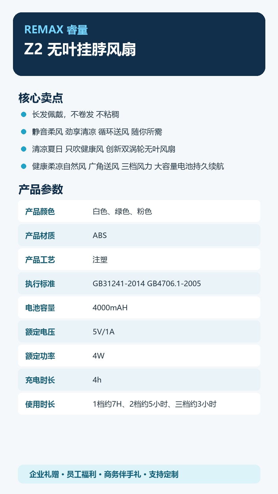 REMAX睿量 Z2 REMAX睿量 Z2 无叶挂脖风扇|双涡轮广角送风·4000mAh·三档风力·不卷发 产品功能与规格详情图 02