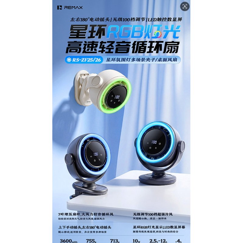 REMAX睿量 RS-ZF26 星环氛围灯桌面循环扇|RGB氛围灯·100档无级调速·智能数显·自动摇头产品图 3