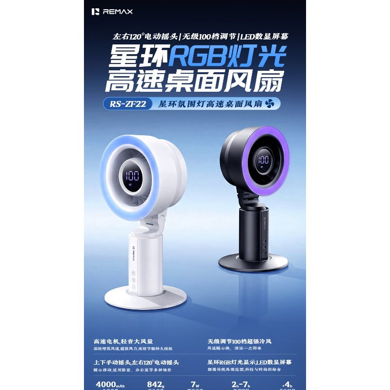 REMAX睿量 RS-ZF22 星环氛围灯高速桌面风扇|RGB灯光·100档无级调速·4000mAh·左右自动摇头产品图 3