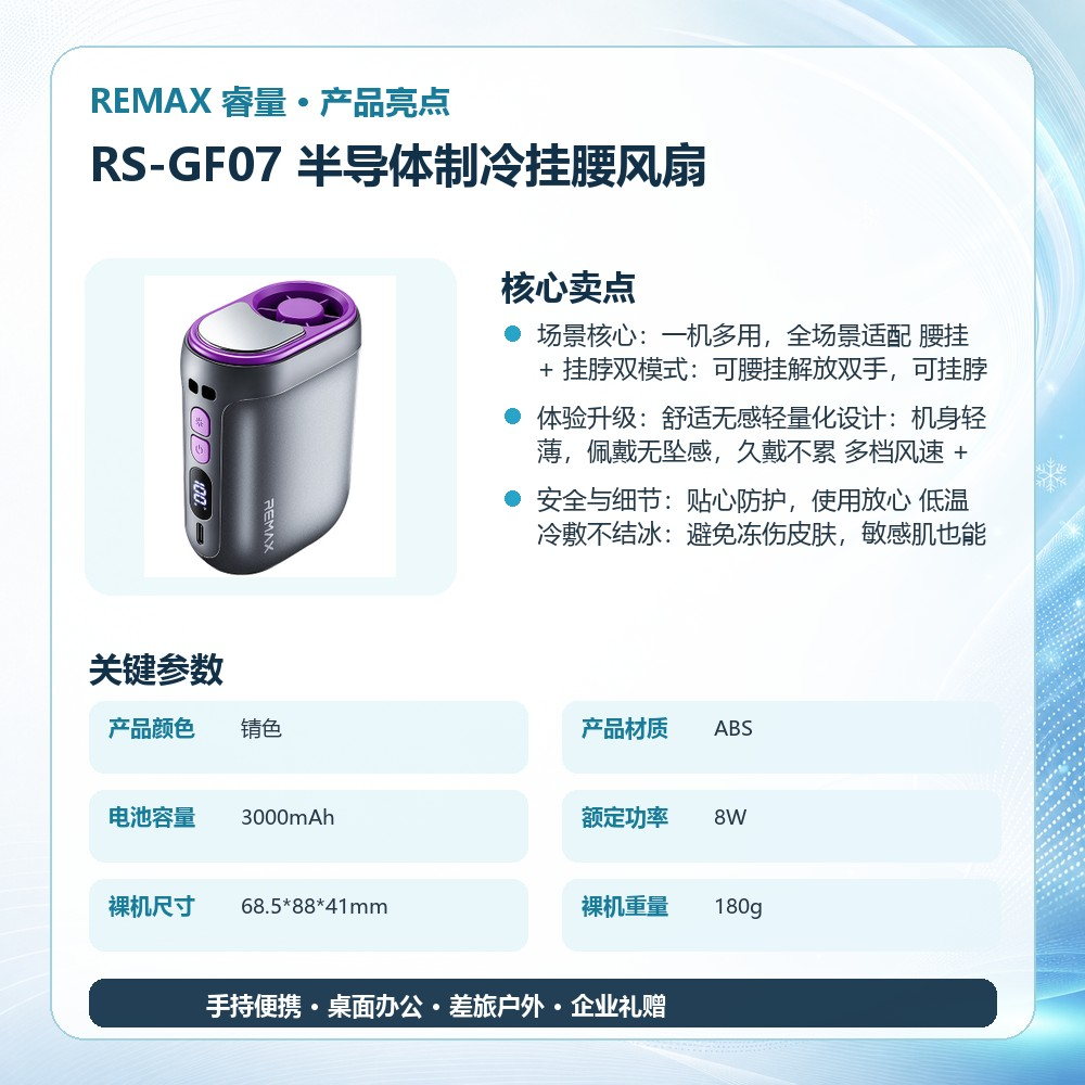 REMAX睿量 RS-GF07 半导体制冷挂腰风扇|挂腰挂脖两用·冷敷降温·3000mAh·Type-C快充产品图 4