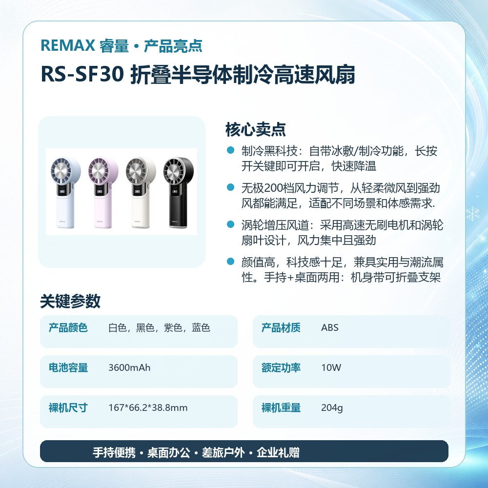 REMAX睿量 RS-SF30 折叠半导体制冷高速风扇|200档无级调速·3600mAh·手持桌面两用·Type-C充电产品图 4