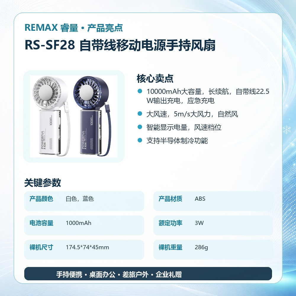 REMAX睿量 RS-SF28 自带线移动电源手持风扇|10000mAh·22.5W应急充电·半导体制冷·折叠多用产品图 4