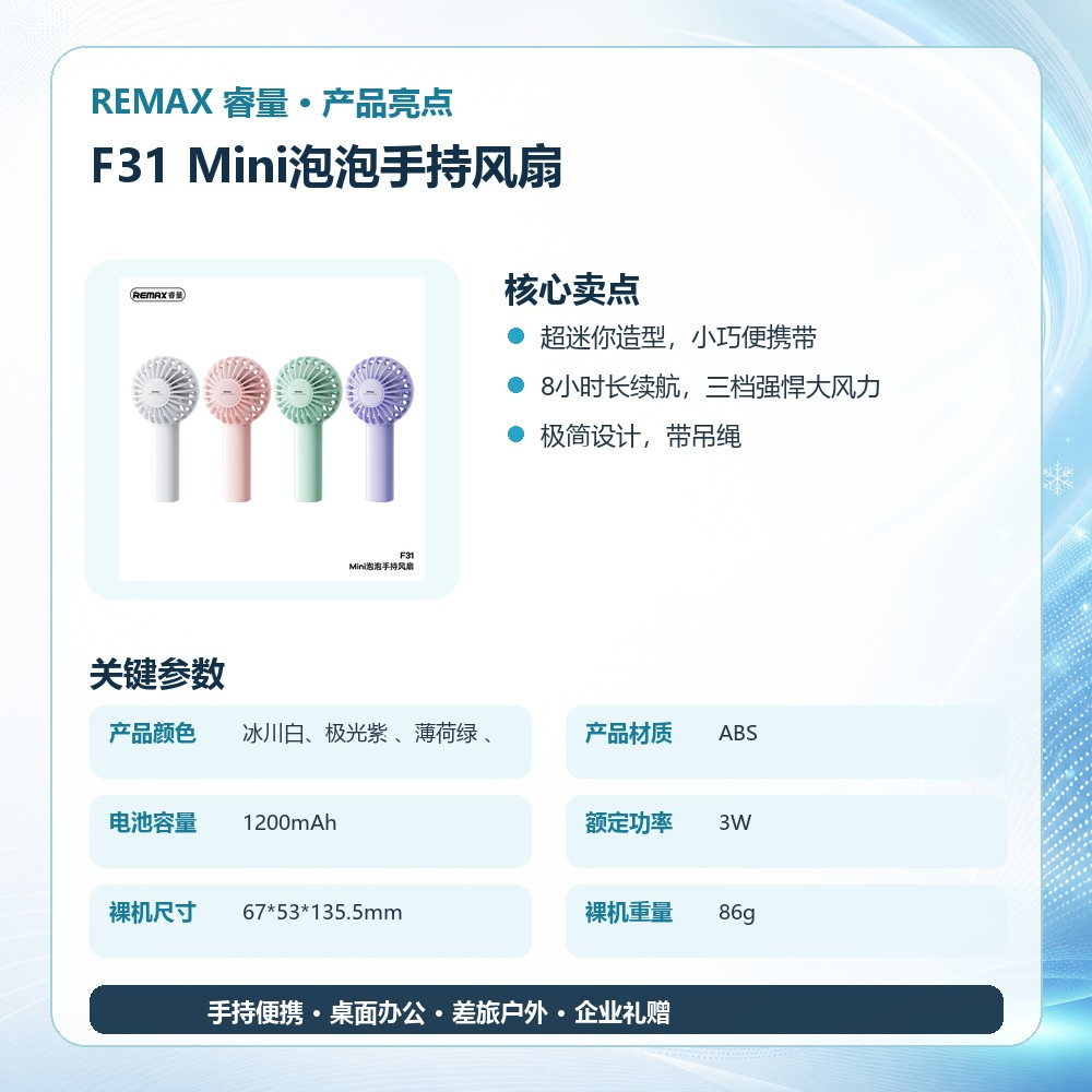 REMAX睿量 F31 Mini泡泡手持风扇|三档风力·1200mAh·约8小时续航·四色可选产品图 3