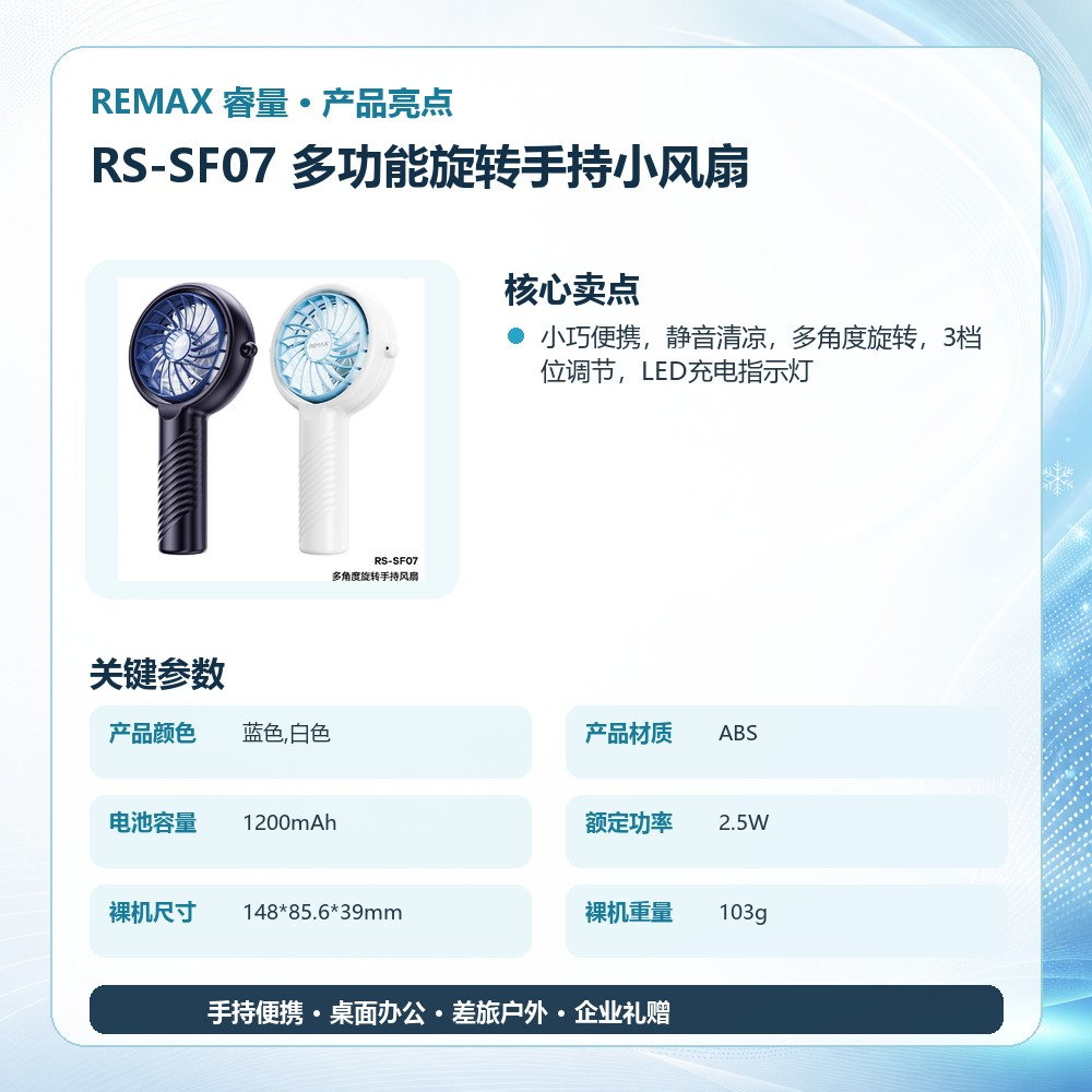 REMAX睿量 RS-SF07 多功能旋转手持小风扇|多角度旋转·三档风速·1200mAh·静音便携产品图 4