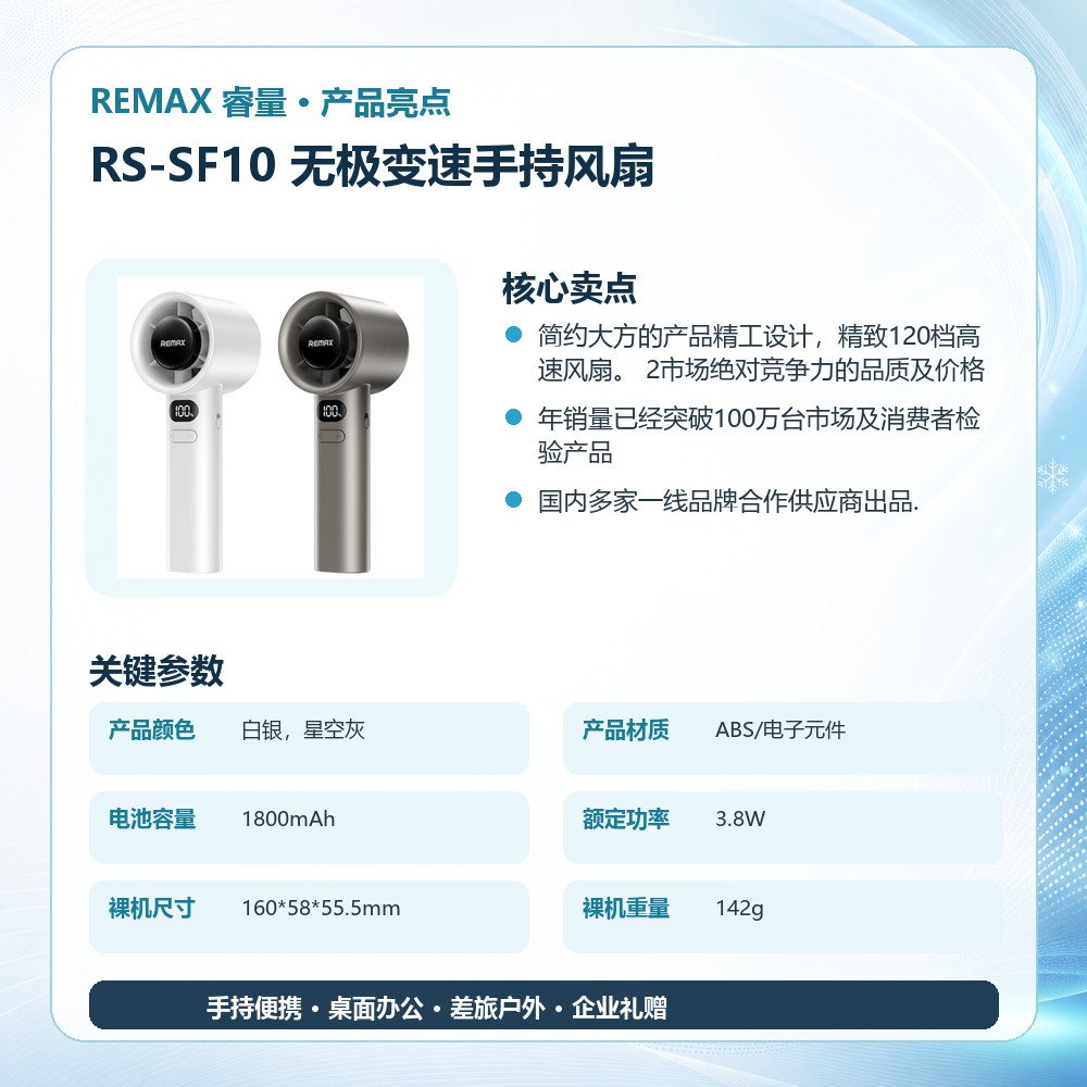 REMAX睿量 RS-SF10 无极变速手持风扇|120档调速·1800mAh·高速送风·手持便携产品图 4
