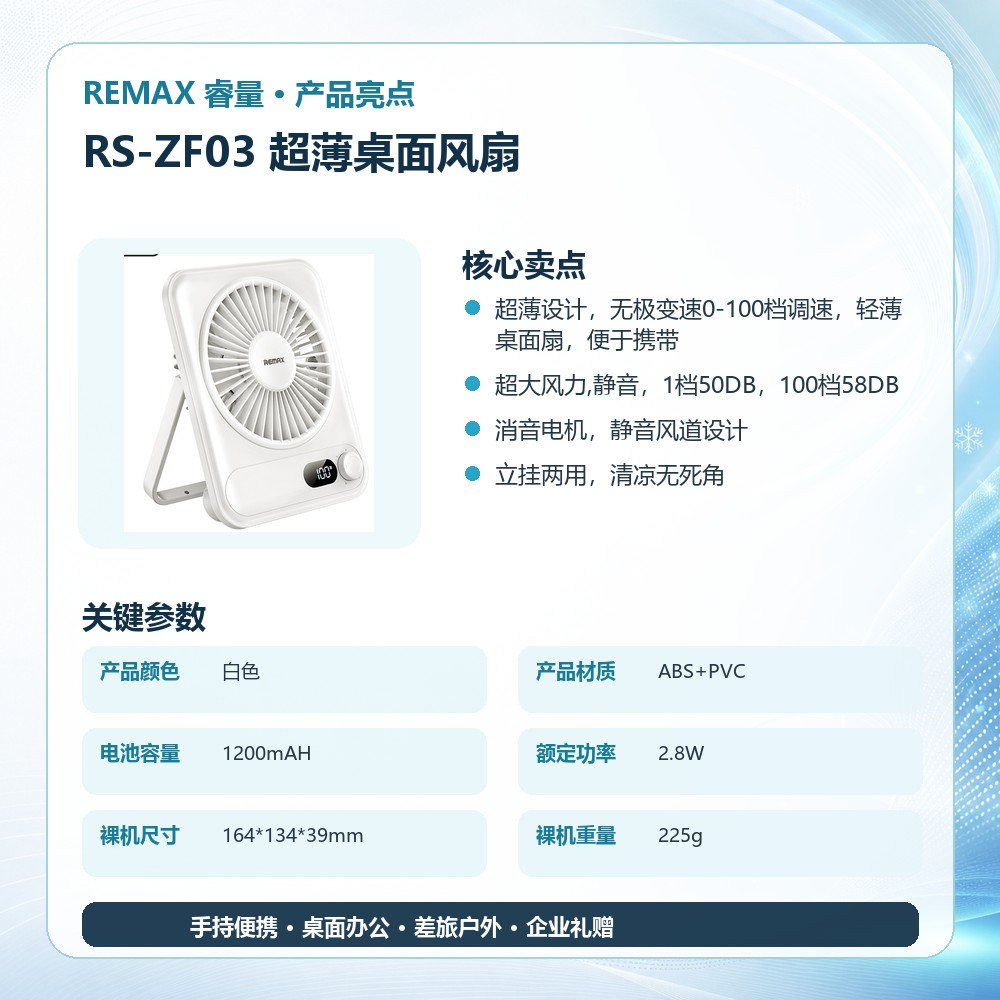 REMAX睿量 RS-ZF03 超薄桌面风扇|100档无级调速·超薄便携·立挂两用·静音送风产品图 4