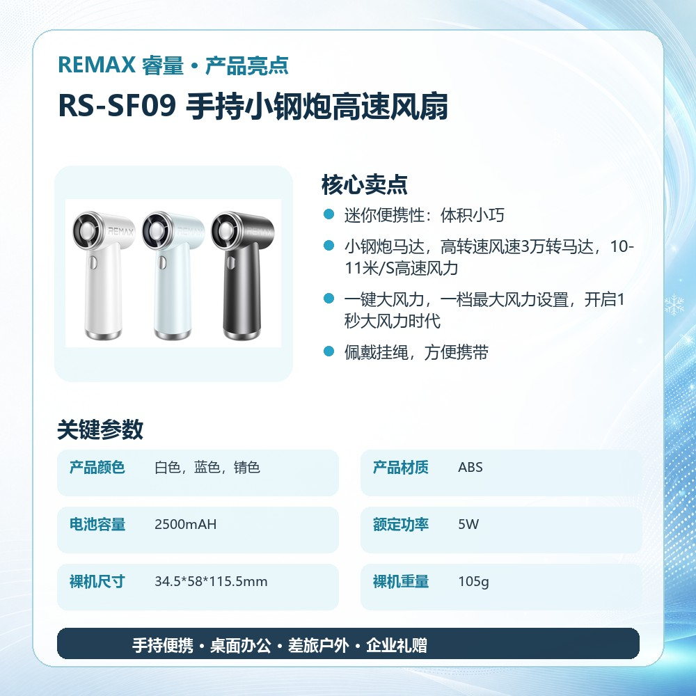 REMAX睿量 RS-SF09 手持小钢炮高速风扇|3万转高速马达·一键强风·2500mAh·迷你便携产品图 4