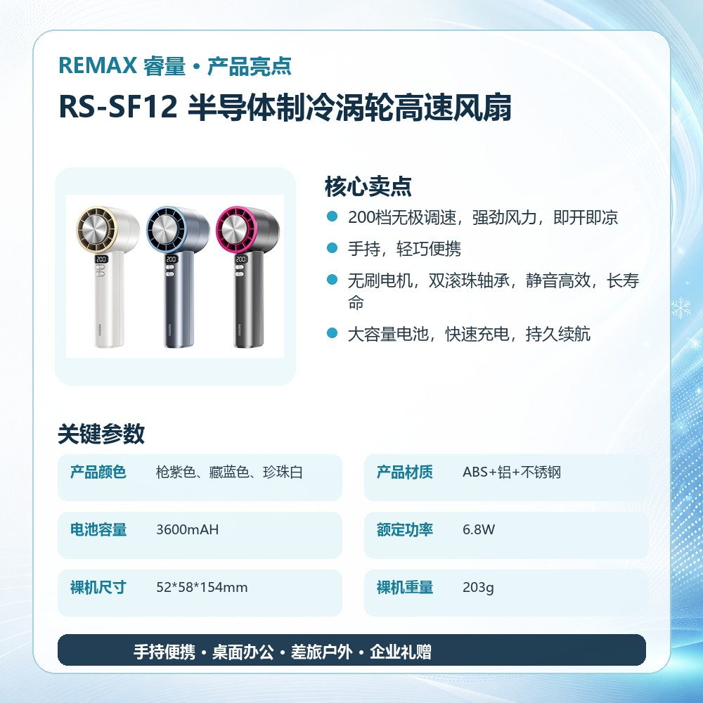 REMAX睿量 RS-SF12 半导体制冷涡轮高速风扇|冰敷制冷·200档无级调速·3600mAh·无刷电机产品图 4