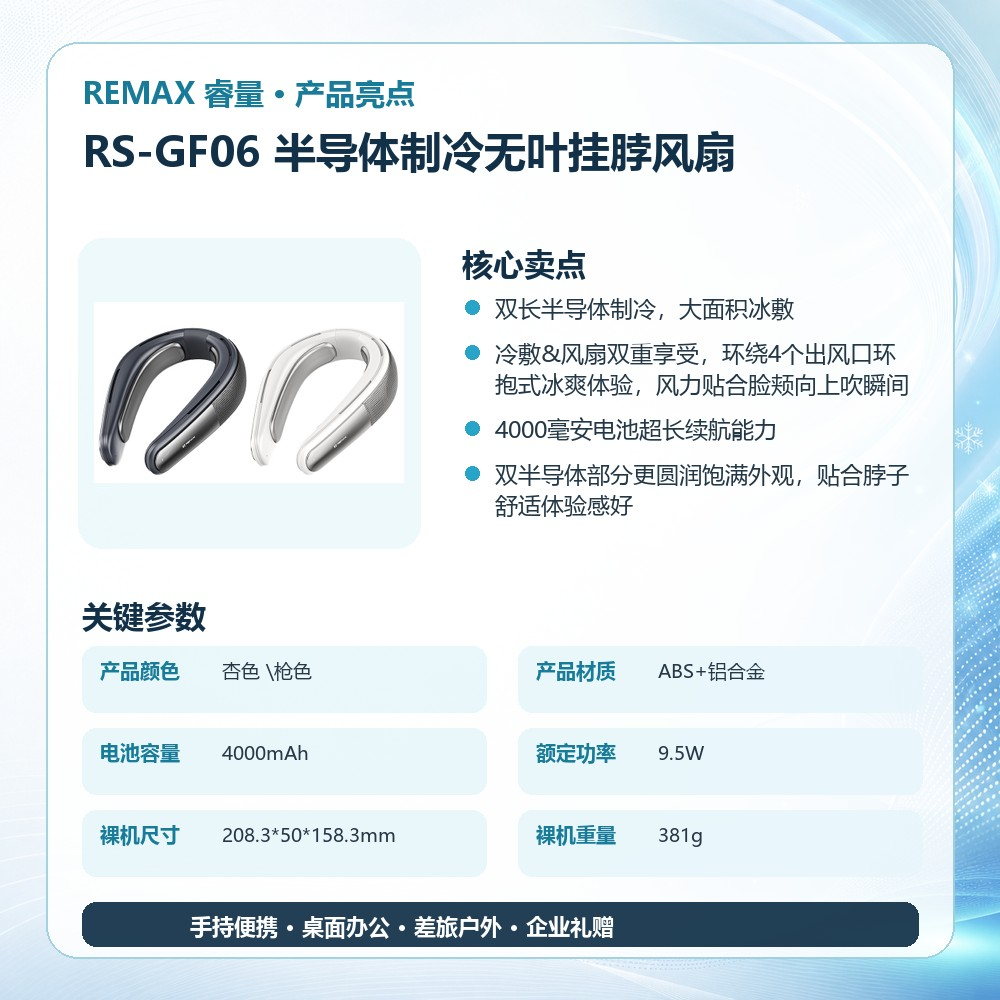 REMAX睿量 RS-GF06 半导体制冷无叶挂脖风扇｜双长制冷片·四出风口·4000mAh·AI语音控制产品图 4