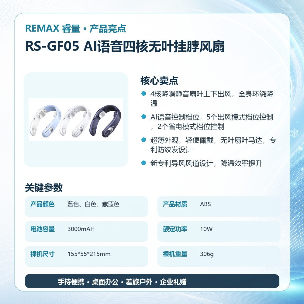 REMAX睿量 RS-GF05 AI语音四核无叶挂脖风扇|上下出风·AI语音控制·200档无级调节·3000mAh产品图 4