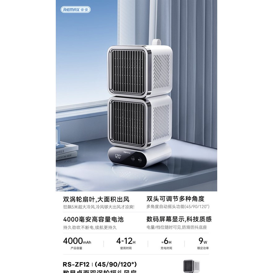 REMAX睿量 RS-ZF12 数显双涡轮摇头桌面风扇|双涡轮大面积送风·4000mAh·多角度摇头·智能数显产品图 3