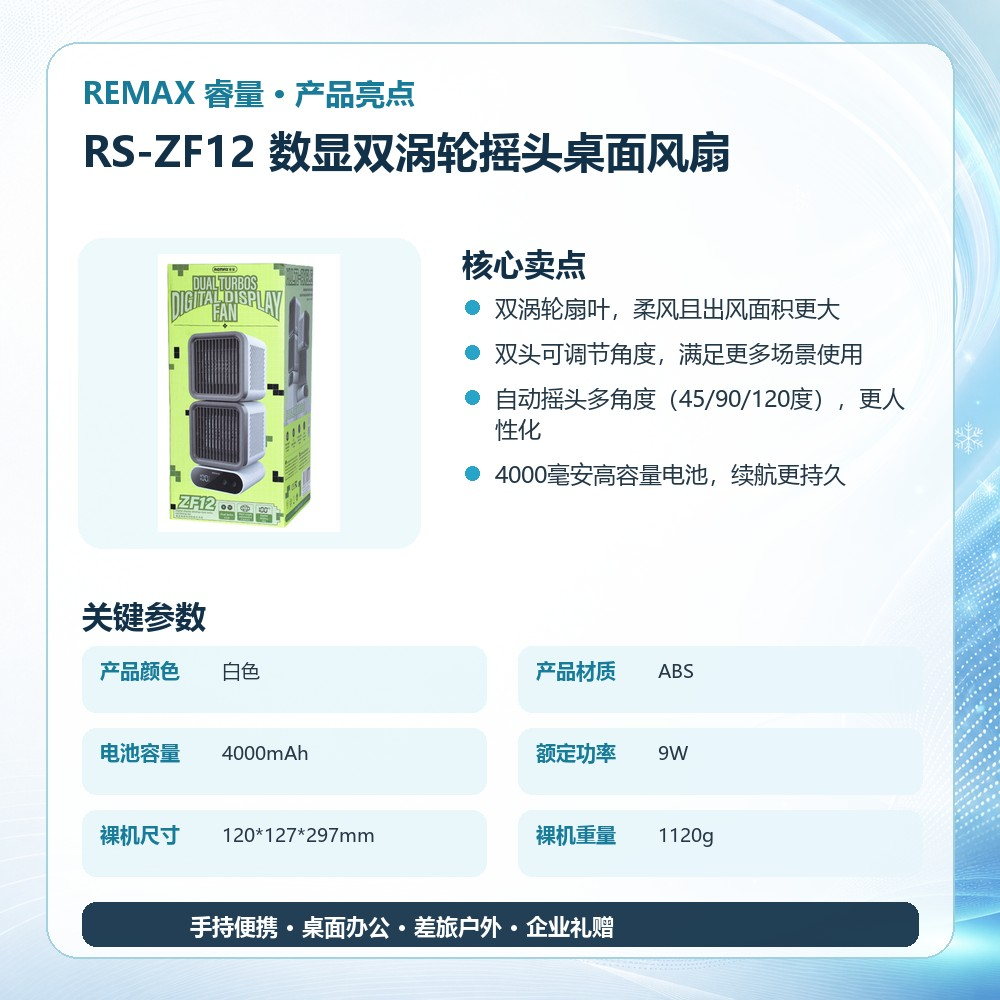 REMAX睿量 RS-ZF12 数显双涡轮摇头桌面风扇|双涡轮大面积送风·4000mAh·多角度摇头·智能数显产品图 4