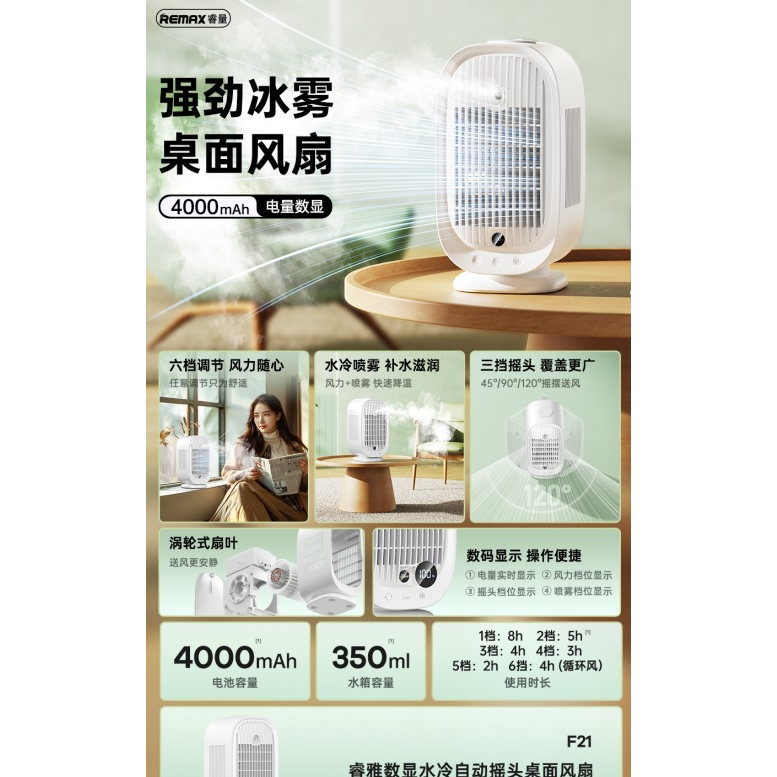 REMAX睿量 F21 睿雅数显水冷摇头桌面风扇|350ml水箱·水冷喷雾·六档风力·三档摇头产品图 2