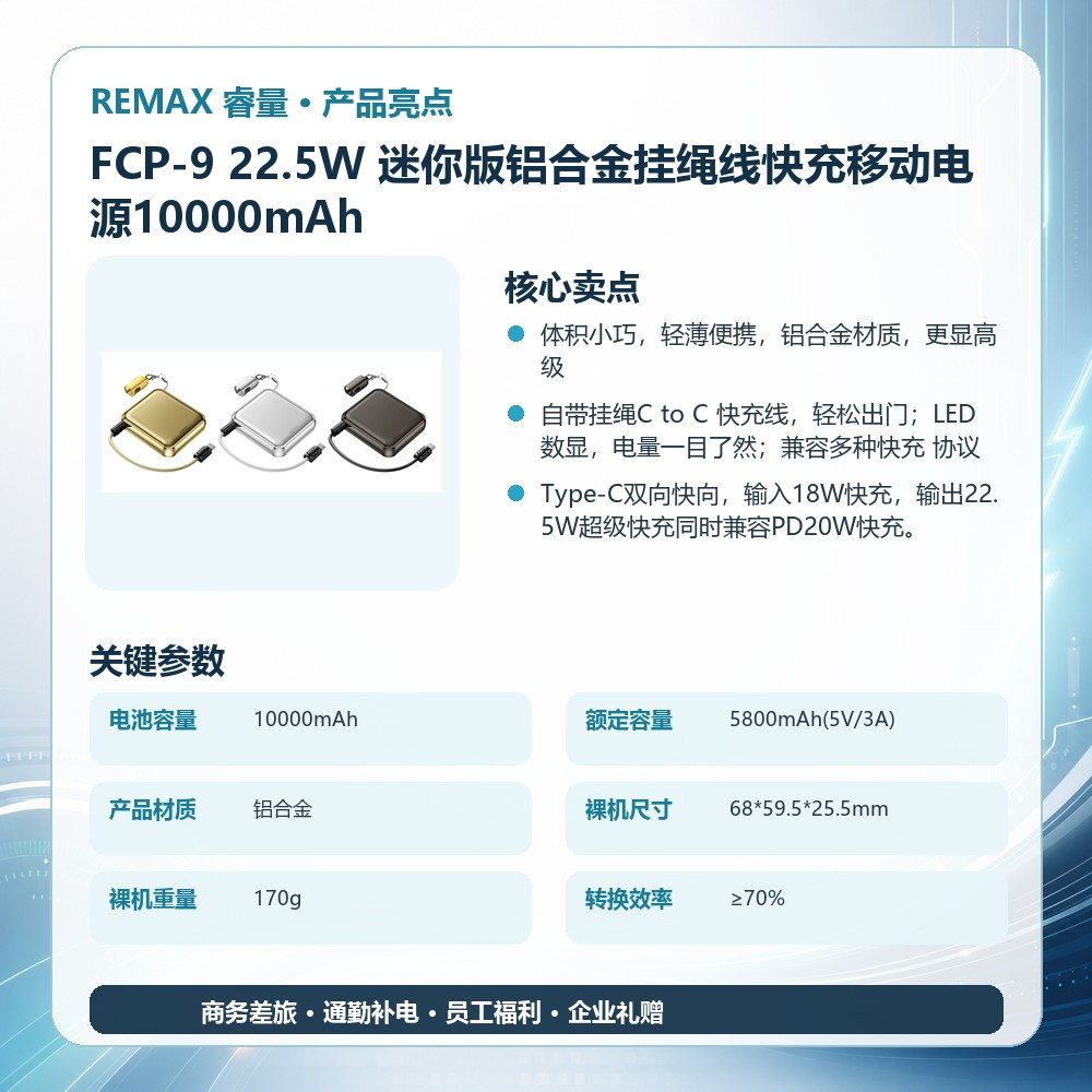 REMAX睿量 FCP-9 22.5W 迷你版铝合金挂绳线快充移动电源10000mAh|10000mAh·20W快充·LED数显·铝合金机身产品图 4