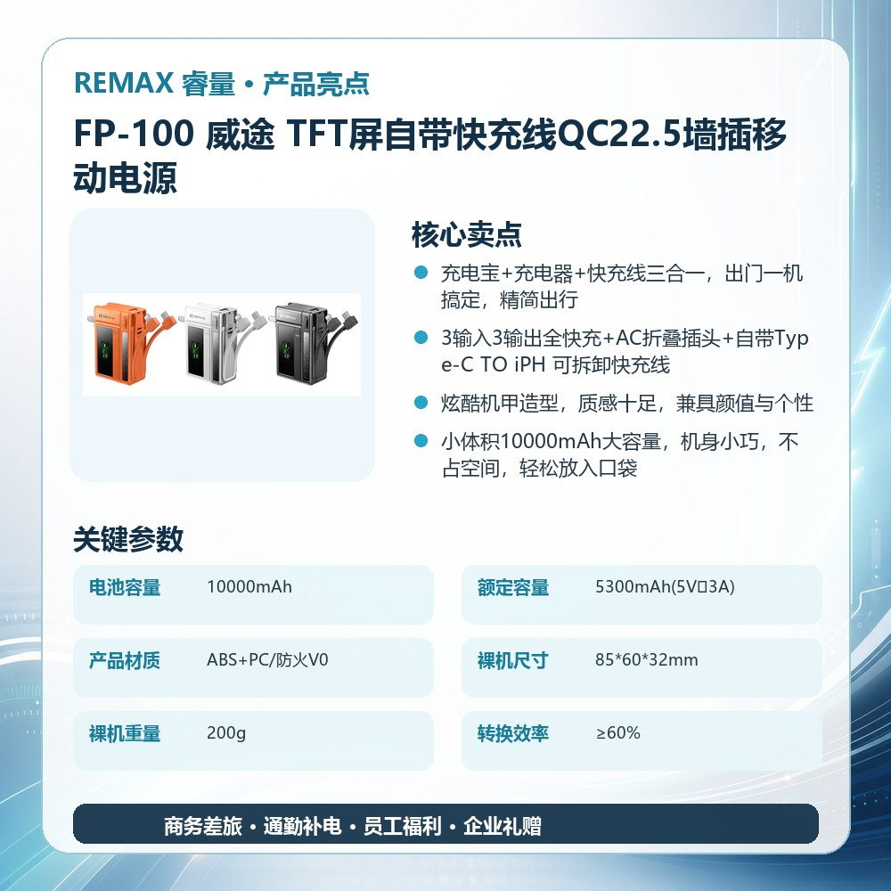 REMAX睿量 FP-100 威途 TFT屏自带快充线QC22.5墙插移动电源|10000mAh·20W快充·自带快充线·墙插二合一产品图 4
