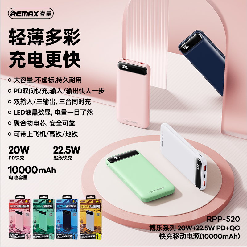 REMAX睿量 RPP-520 博乐系列 20W+22.5W PD+QC 快充移动电源10000mAh｜10000mAh·20W快充