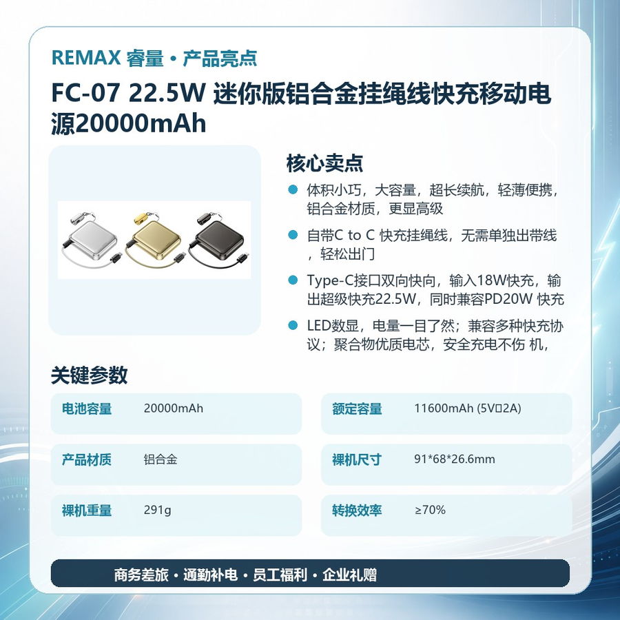REMAX睿量 FC-07 REMAX睿量 FC-07 22.5W 迷你版铝合金挂绳线快充移动电源20000mAh｜20000mAh·20W快充·LED数显·铝合金机身 产品功能与规格详情图 02