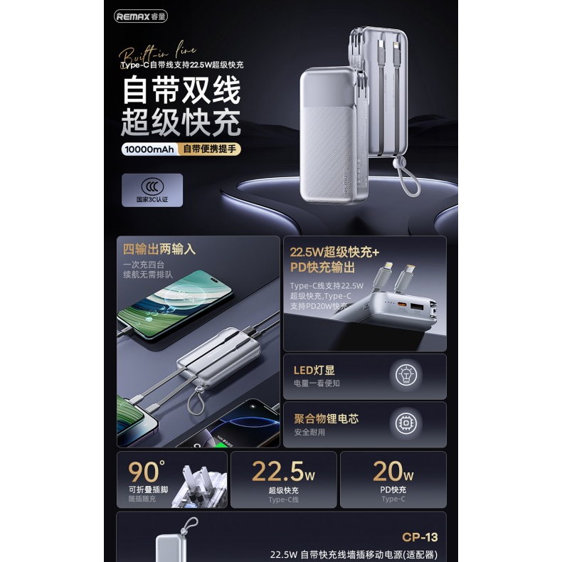 REMAX睿量 AS-137 二合一墙插移动电源充电器 10000mAh|10000mAh·20W快充·自带快充线产品图 3