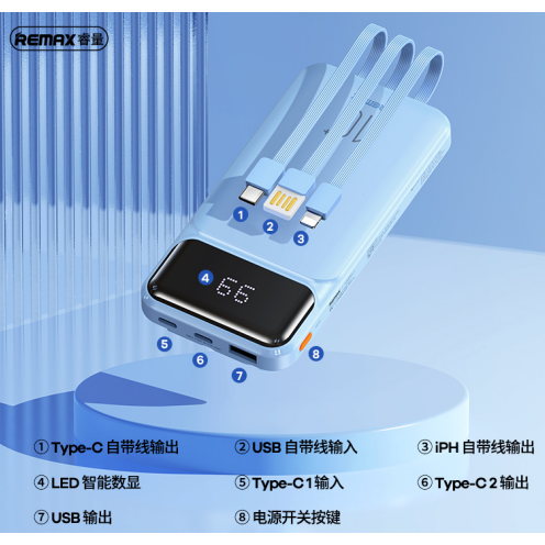 REMAX睿量 RPP-683 睿意 2.1A 自带线移动电源|10000mAh·自带快充线·LED数显产品图 2